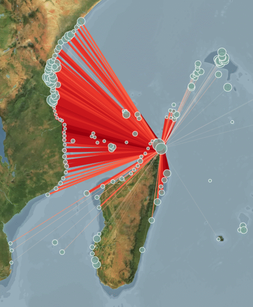 Grâce à cette carte, il est possible de visualiser la forte connectivité des récifs du nord de Madagascar avec le nord-est et le nord-ouest de l'île, ainsi que les pays de la côte est africaine. 