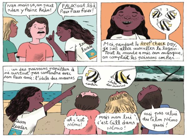 BD Récifs coralliens de La Réunion BD de Sara Quod, dont l'histoire met en scène des enfants qui s'organisent pour observer les récifs coralliens de La Réunion.