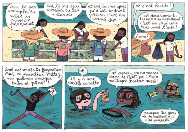 BD Récifs coralliens de La Réunion BD de Sara Quod, dont l'histoire met en scène des enfants qui s'organisent pour observer les récifs coralliens de La Réunion.