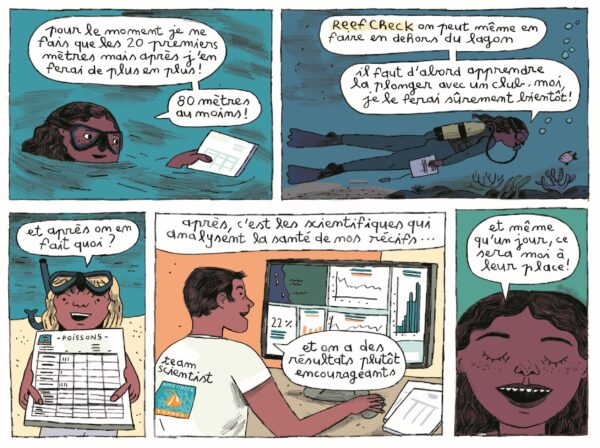 BD Récifs coralliens de La Réunion BD de Sara Quod, dont l'histoire met en scène des enfants qui s'organisent pour observer les récifs coralliens de La Réunion.